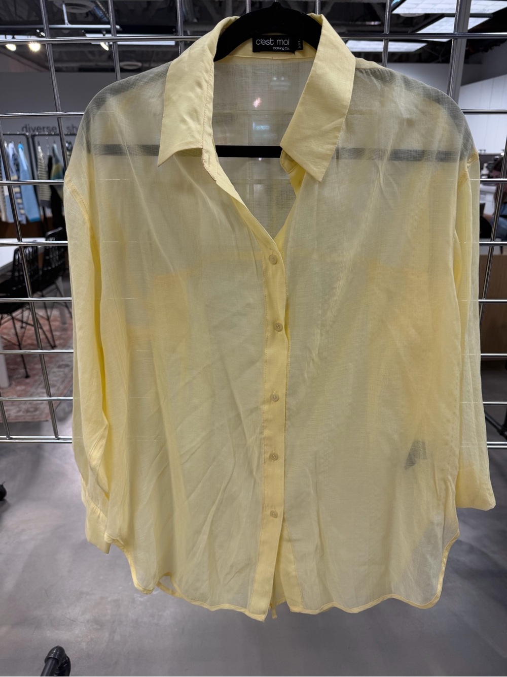 C'est Moi Sheer Button-Down Blouse in Pale Yellow